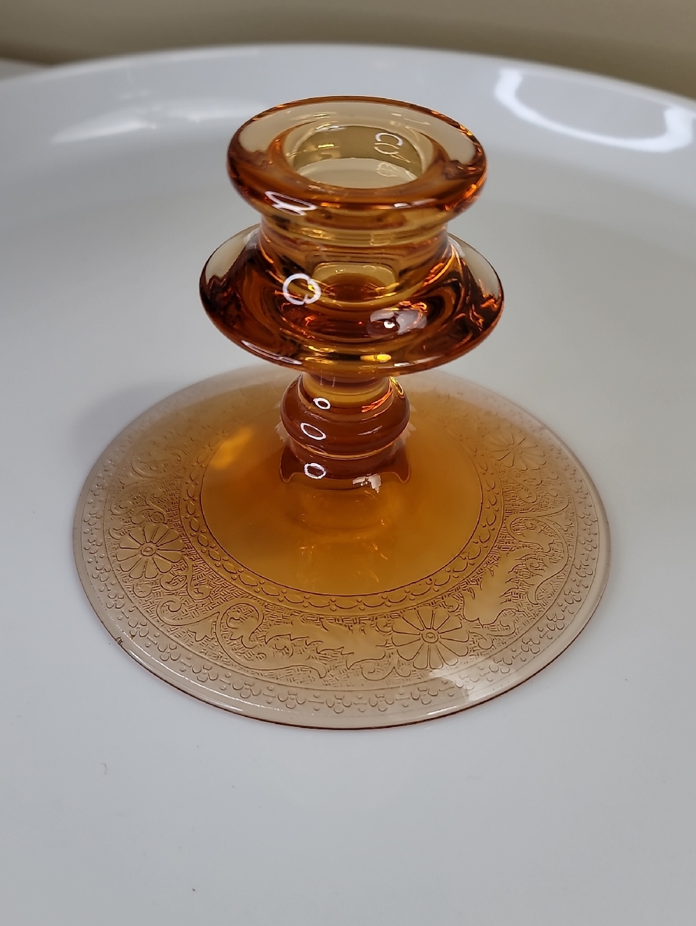 Vintage Amber Etched Glass Taper Candlestick Holder